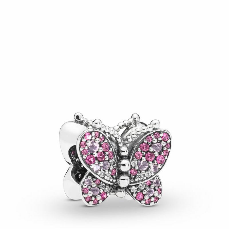 Pandora Dazzling Pink Butterfly Charm Ireland - Sterling Silver/Pink/Mixed Stones - 326709WLV